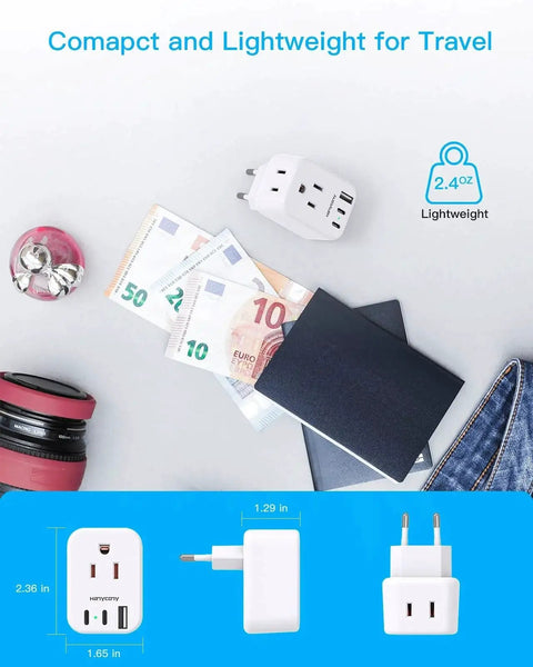 5 In 1 European Travel Plug Adapter With 2 Outlets And 3 USB Ports Type C next to travel essentials including passport and euros