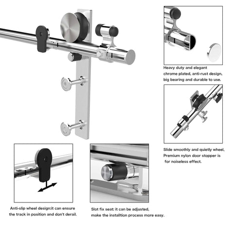 9Ft Stainless Sliding Barn Door Hardware Kit For Single Wooden Door Super Smooth And Quiet Fits 54 Inch Door Panel J Shape Hanger Heavy Duty Stainless Steel Track With Aluminum Rail Holds Up To 220 Lbs close-up view