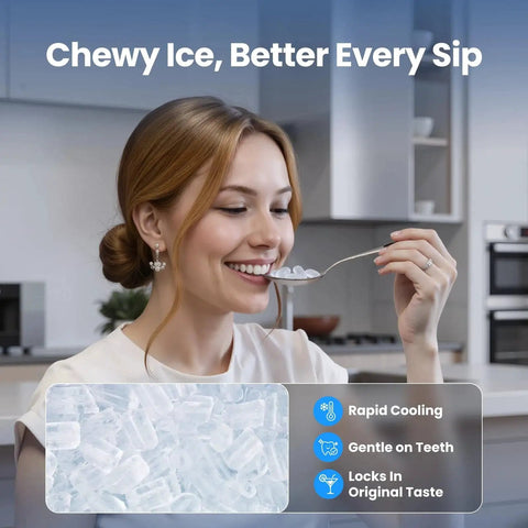 Person enjoying soft chewable ice from the Nugget Ice Maker Countertop 35 Lbs 24H Sonic Chewable Pellets Quiet Stainless
