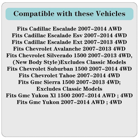 Compatibility chart for Front Wheel Hub And Bearing Assembly For Chevy Tahoe Silverado 1500 Suburban Avalanche Escalade Yukon Sierra 4WD 2007 2014 Replacement Premium OEM Grade With Durable Bearings And Easy Install
