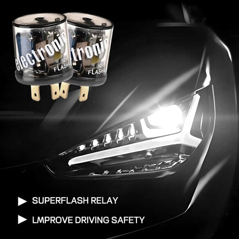 12V Heavy Duty Turn Signal Relay 2 Pack 2 Pin - Fix Hyper Flashing With Waterproof Design next to a car headlight