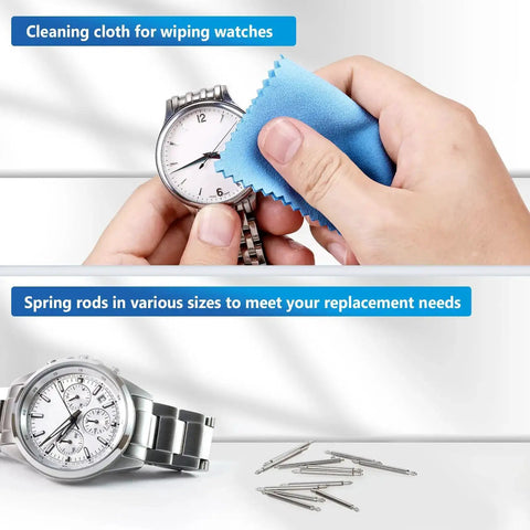 Cleaning watch face with cloth, stainless steel watch, and spring rods. Must Have All In One Watch Band Repair Kit With Spring Bar Tool And Link Removal Tool 56 Stainless Steel Spring Bars For 16 26mm Bands Includes Handy User Manual Durable Waterproof Build For Replacing Straps And Adjusting Links.