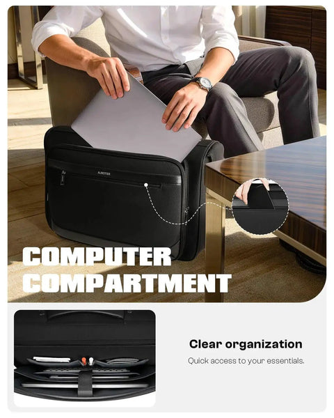 Person placing laptop in Rolling Garment Bag For Travel With Built In Hanging Hook And Wheels Boss Level Carry On Luggage