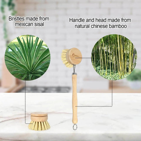 Bamboo dish brush set with handle plus 4 replacement heads, compostable sisal soft bristles, eco-friendly kitchen scrubber on display.