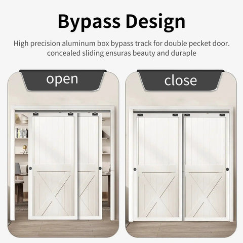Ceiling Mount Bypass Sliding Door Hardware Rail Kit 48 Inch In Black Aluminum For Wood Doors, shown in open and closed position.