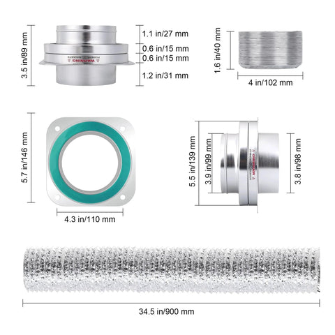 Magnetic Dryer Vent Connector Kit DV180 with one second snap connection, showing duct, clamps, and measurements