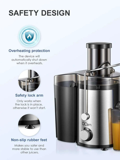 Powerful 800W Centrifugal Juicer With Wide 3 Inch Feed Chute For Fruit And Veg Stainless Steel Body Black Finish BPA Free Easy Clean High Speed Juice Extractor showcasing safety features.