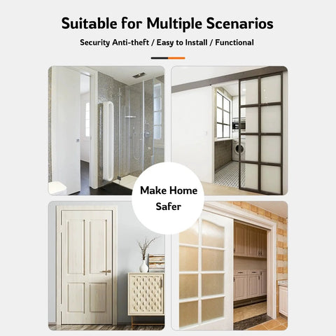 Four interior door styles in a home, showcasing bathroom, kitchen, living room, and office applications.