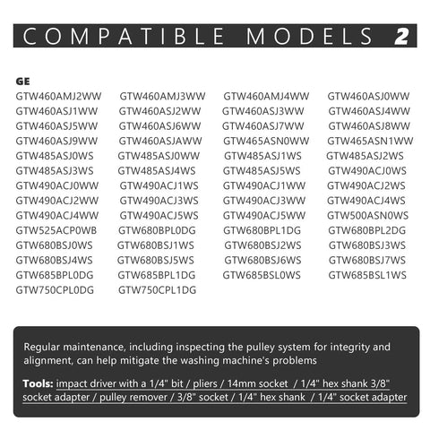 Front view of GE washer compatible models chart listing GTW model numbers.