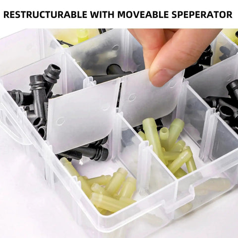 Hand organizing 159 Piece Vacuum Connector Kit With 32 Sizes Nylon Fittings Heat Resistant To 460F 240C Automotive Vacuum Tee Connector Set.