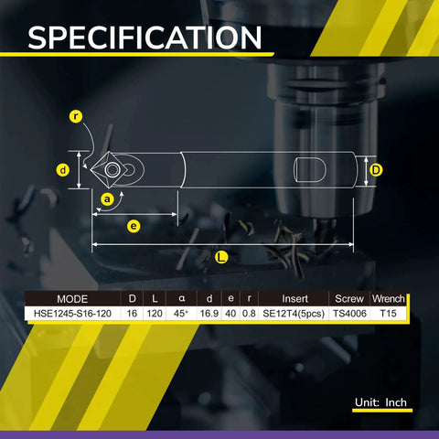 Specification sheet showing Versatile Workhorse Spotting And Chamfering Set With 4 Edge Indexable Inserts At 45 Degree 16 Mm By 120 Mm Shank