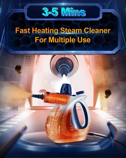 Illustration of Powerful Handheld Pressurized Steam Cleaner With 11-Piece Accessory Kit For Multi-Surface Cleaning features fast heating