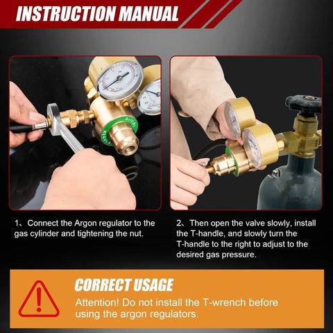 Instruction manual for using Dual Gauge Argon And CO2 Welding Gas Regulator For TIG And MIG with easy tank connection steps.