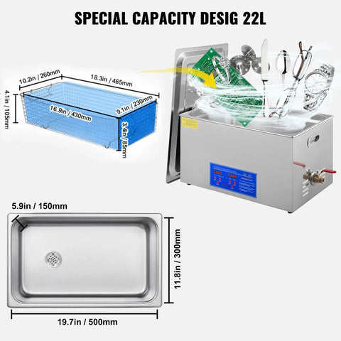 Front view of stainless steel VEVOR 22L ultrasonic cleaner with digital timer and heater, 40kHz, 110V.