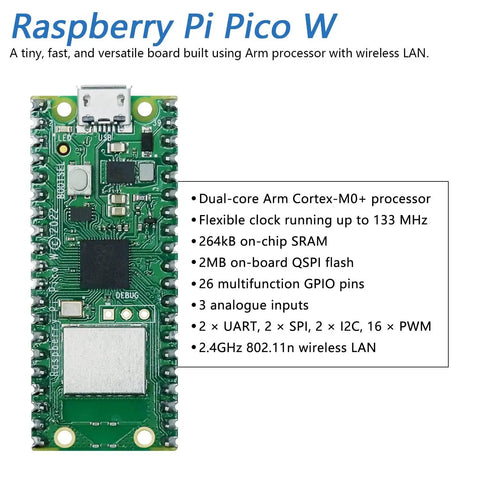 Raspberry Pi Pico W microcontroller with specs listed, used in Mecanum Wheel Robot Car Kit For Raspberry Pi Pico W Included.