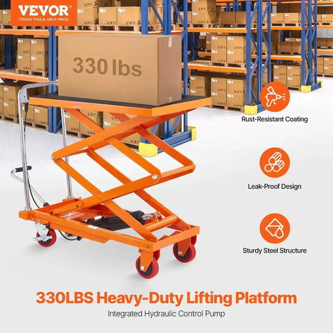 Manual Hydraulic Lift Table Cart 330lb Capacity 50in Lift With 4 Wheels in a warehouse environment with a box on top.