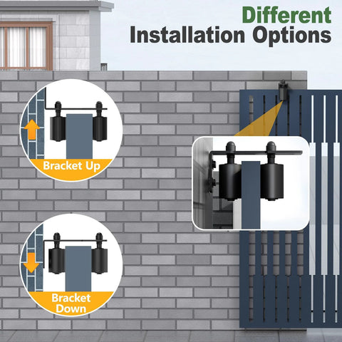 Adjustable Sliding Gate Roller Hardware Kit With Heavy Duty Steel Wall Mount Bracket And Nylon Roller Guide for different installations on a gate.