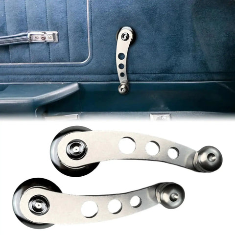 Aluminum Billet Car Window Crank Handle Set 2 Pieces installed in vintage car interior with hex wrench and screws, silver finish.