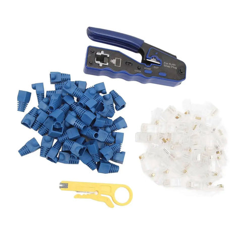 All In One Ethernet Crimp Tool For Cat5 Cat5e Cat6 Cat6A Pass Through Connectors Cutter And Wire Stripper with accessories