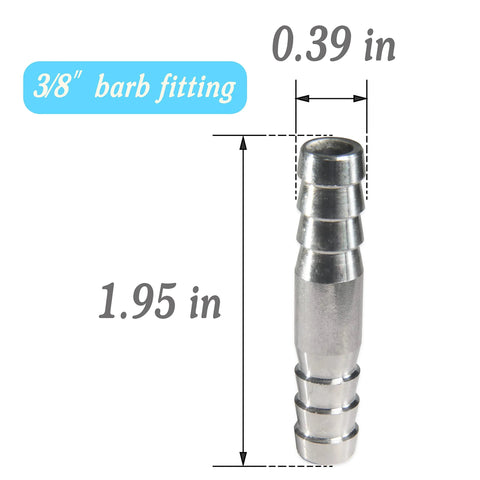 MSAEIQUN stainless steel 3/8 inch barb hose fitting, side view, 1.95 in length