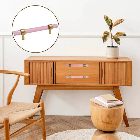 Crystal Cabinet Pulls 4 Pack Pink Drawer Pulls With Crystal Glass And Gold Brass Base installed on wooden cabinet in room view