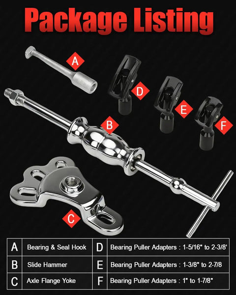 8 Piece Slide Hammer Puller And Rear Axle Bearing Removal Tool Set with slide hammer yoke and puller adapters for axle seals and bearings