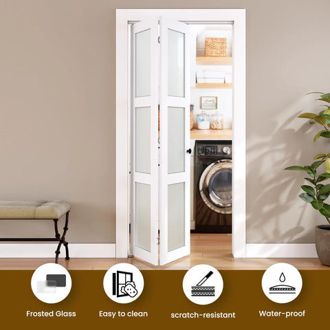 Bifold Door for 28 by 80 Opening With Tempered Frosted Glass in White Finish, Waterproof PVC Surface, Easy Install Hardware Kit Included