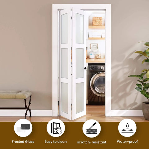 Space-Saving Bifold Door For 30x80 Opening, Tempered Frosted Glass Closet Folding Barn Door With Hardware Kit, Waterproof PVC Surface, Easy Install White shown in laundry room