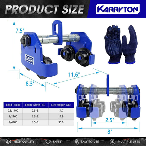 Diagram showing 1 Ton Beam Trolley with heavy duty manual push, adjustable flange width from 2.5 to 8 inches, dual track rollers.