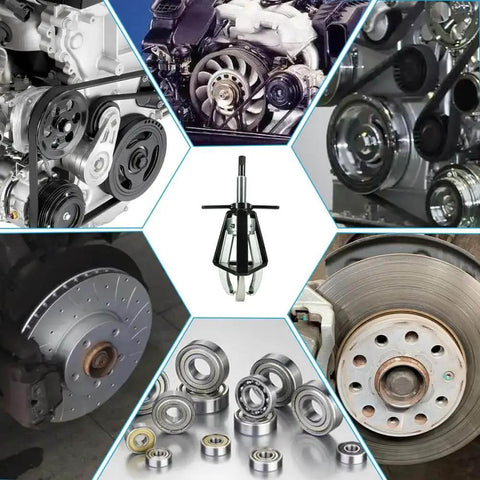Heavy Duty Three Jaw Gear Puller, 2 Ton Pulley Removal Tool for gears, pulleys, flywheels shown with engine parts and bearings.