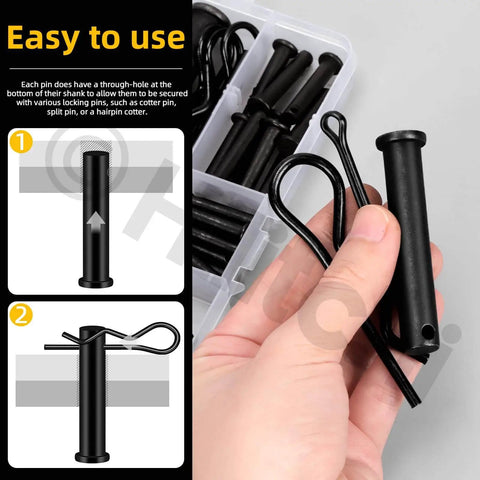 All-In-One Clevis Pin Kit With 67 Pieces Including Black Clevis Pins In M5 M6 M8 M10 M12 Sizes Plus Zinc Plated Cotter Pins And Hair Pins