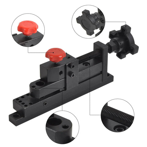Manual Bench Mounted Mini Universal Bending Bender for wire, flat metal, tubing with clamps and handles, black and red design.