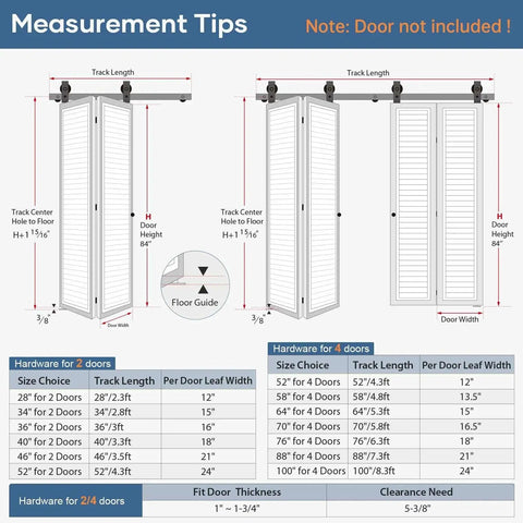 Measurement guide for 88 Inch Bifold Sliding Barn Door Hardware Track Kit For Four Closet Doors with top mount rollers and track length options.