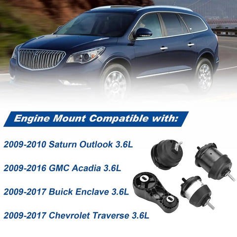 GMC Acadia Saturn Outlook Buick Enclave Chevrolet Traverse Engine And Transmission Mount Kit 4 Piece For 3.6L Auto Transmission 2009-2017 Replaces A5444 A5458HY Heavy Duty Rubber Metal Bracket Set