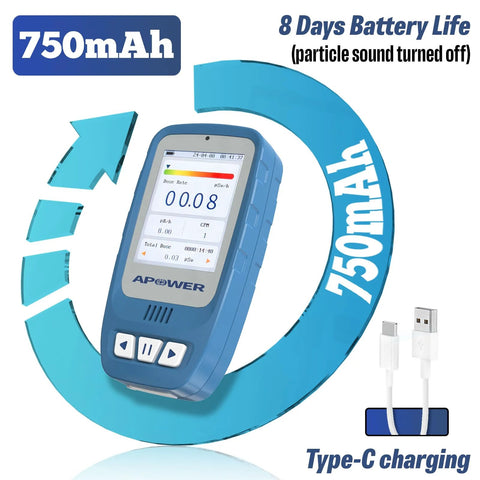 APOWER Geiger counter handheld radiation detector with blue body and LCD display.
