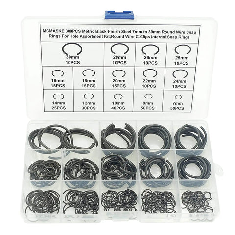 300 Piece Metric Round Wire Internal Snap Ring Assortment Kit In Carbon Spring Steel With Black Finish Includes 14 Bore Sizes From 7mm To 30mm For Holes Retaining Rings Circlips DIY Pro Grade, organized in plastic case showing various sizes.