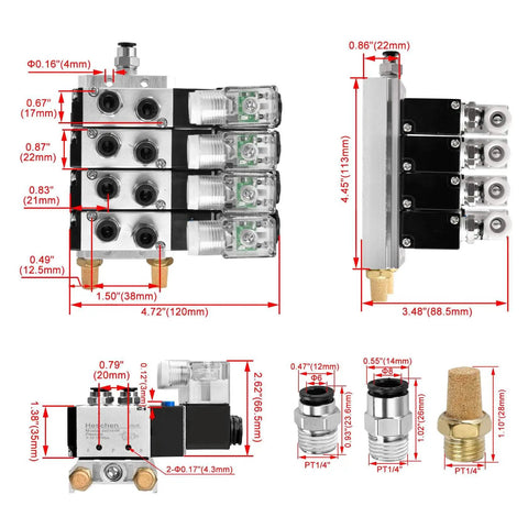 4V210-08 4 Solenoid Pneumatic Valve Kit DC24V with manifold base, muffler, and quick fittings, showing detailed measurements.