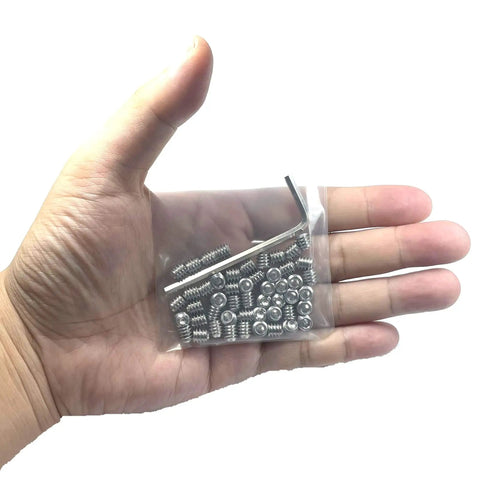 Hand holding a bag of Premium 50 Piece 304 Stainless Steel Hex Socket Set Screws One Quarter By Twenty Thread One Quarter Inch Long With Allen Head Includes One Eighth Inch Wrench A True Workhorse For Grub Screws And Machinery