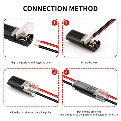 Two-pin quick splice wire connector diagram with red and black low-voltage wires and clear housing