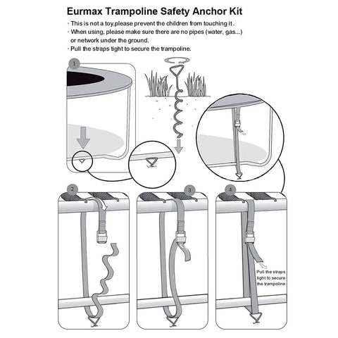 Illustration of Heavy Duty Trampoline Stakes Anchor Kit With Corkscrew Steel Stakes And T Hook installation guide.