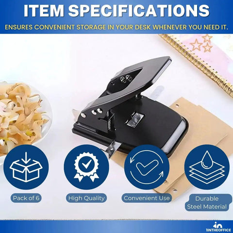 Two Hole Punch For Office Use, Heavy Duty Workhorse Desk Punch on a desk with chip tray and papers, focus on durable steel material.