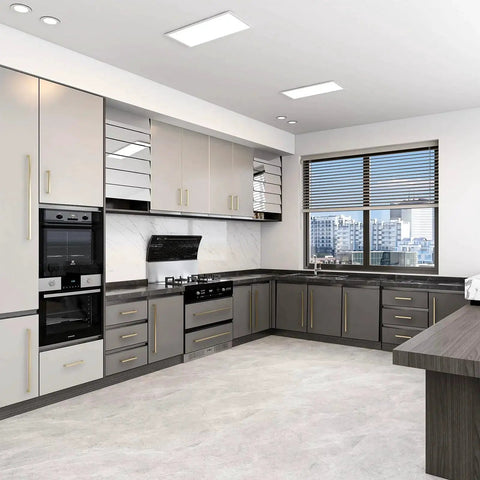 Modern kitchen with stainless steel cabinets featuring 10 Pack 8 Inch Hole Center Champagne Cabinet Pulls In Stainless Steel Square Drawer Handles