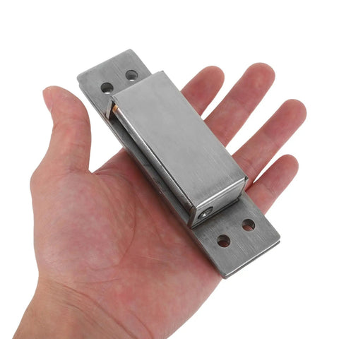 Sleek Hidden Concealed Cabinet Hinges With Adjustable Flush Mount By DOITOOL shown in hand, silver finish, five inch square pivot.