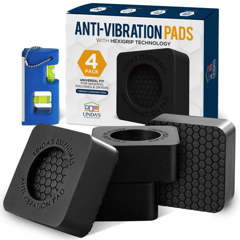 Linda's Essentials anti-vibration pads for washing machines and dryers, 4-pack, black rubber with honeycomb top.