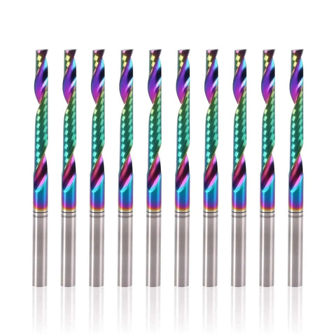 10 Pcs O Flute Up Cut Router Bits Set For CNC Milling, One Eighth Inch Shank, Single Flute End Mills With DLC Coating, visible upright