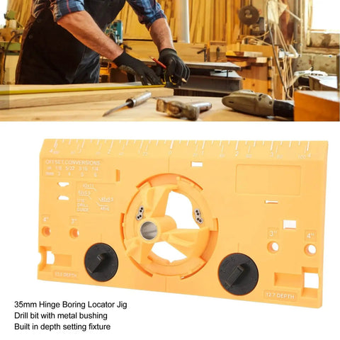 35mm Hinge Jig For Woodworking With Cutter And 16 Inch Bit Yellow Pro Grade Precise Hinge Hole Locator With Easy To Read Scales