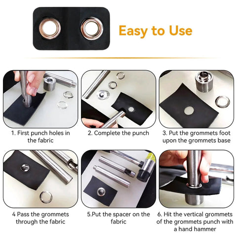 Step-by-step guide using the 2mm Grommets Eyelets Kit With Tool 800Pcs 4 Colors Copper Plated Grommet Kit, highlighting easy DIY use.