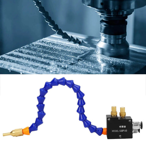 Cooling Mist Spray System For CNC Lathe And Milling Machines Water Coolant Sprayer Kit for drilling and engraving tools, shown in action.