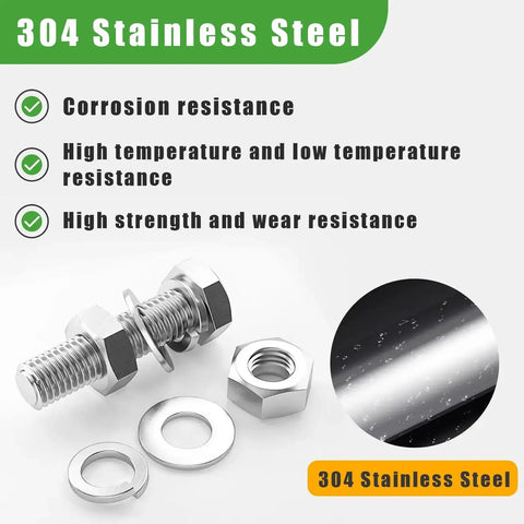 304 stainless steel hex bolt, nut, and washers showcasing corrosion resistance features.