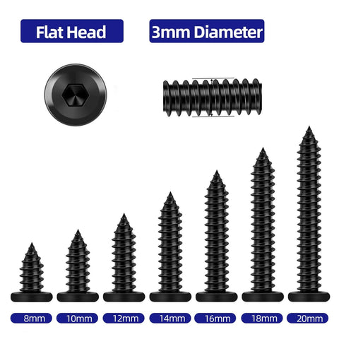 100 Piece M3 10mm Black Self Tapping Screws In 304 Stainless Steel Flat Head Hex Socket Cap Screws With Drive Bit For Wood And Thin Metal Projects Great For DIY Projects And Professional Woodworking, shown in various sizes on white background